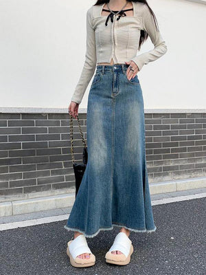 GUUZYUVIZ Casual Loose Tassel Long Women Denim Skirts Autumn Winter Vintage HIgh Waist Pocket Female Jeans Skirts