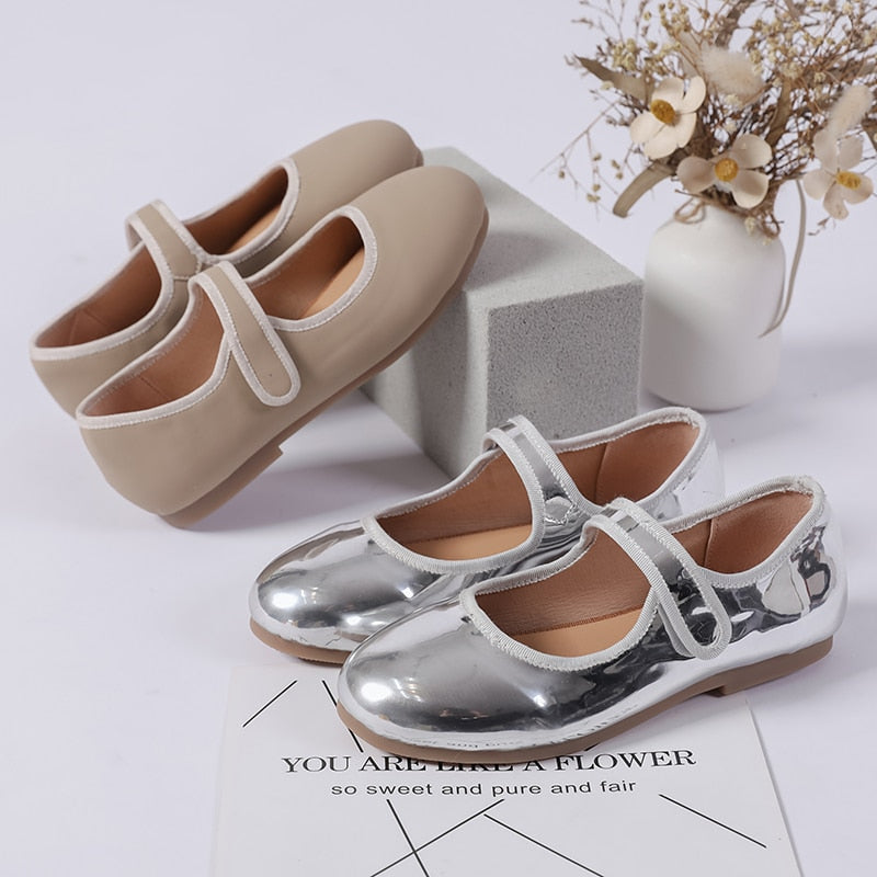 Girls Causal Shoe Spring Summer Kids Mary Jane Shoes For Girls New, Brand Design Mirror-Silver Tan Size 21-33