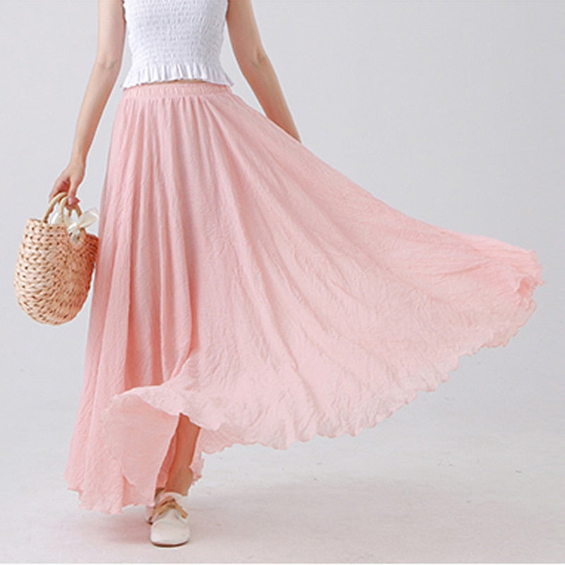 High Quality Cotton Linen Maxi Skirt Womens Casual Elastic High Waist Pleated A-Line Beach Skirts Boho Saia Feminina Faldas Jupe