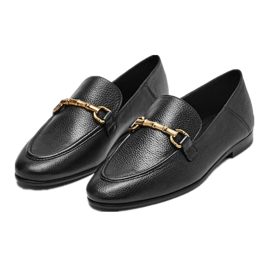 Jenny&Dave England Style Fashion Simple Gold Buckle Genuine Leather Sheep Soft Slip-On Loafers Women Summer Casual Flat Shoes