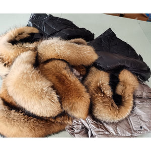 Maomaokong Winter Jacket Women Real Fur Coat Parkas Duck Down Lining Coat Real Raccoon Fur Collar Warm Black Streetwear