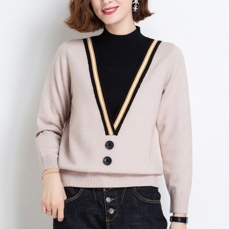 New Fake Two-piece Women Sweater 2022 Autumn Winter Half High Collar Long Sleeve Pullovers Top Femme Knitted Loose Sweater Mujer