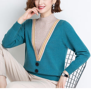 New Fake Two-piece Women Sweater 2022 Autumn Winter Half High Collar Long Sleeve Pullovers Top Femme Knitted Loose Sweater Mujer