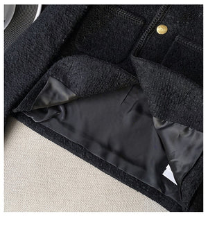 New High Quality Women Fashion Jackets Black Tweed Two Pockets Golden Buttons Elegant Coats Spring Autumn Women Clothes