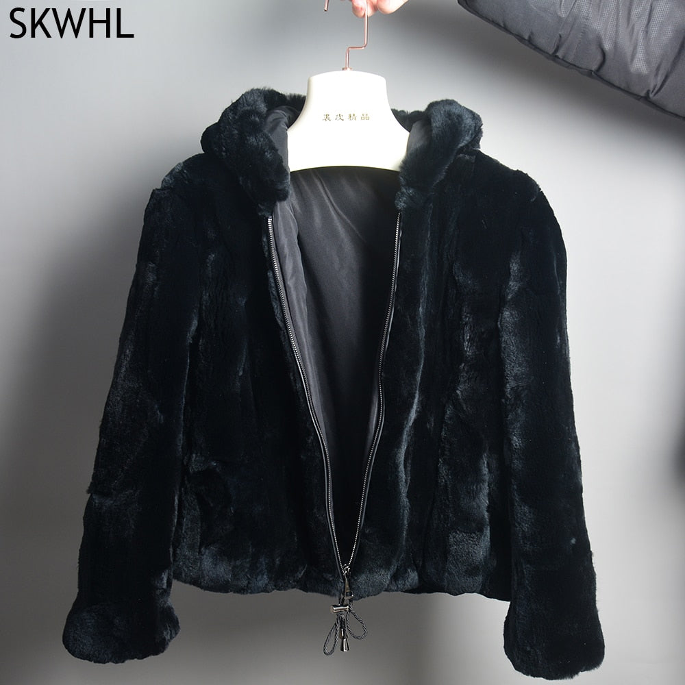 New Winter Women Thick Real Rex Rabbit Fur Hooded Coat Natural Warm Rex Rabbit Fur Jacket Luxury Lady Rex Rabbit Fur Overcoat