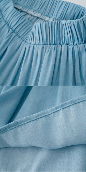 New Women's Ice Silk Skirt Spring-Summer Mid Length High Waist Large Swing Cake Skirt Solid Color Patchwork Denim Skirt