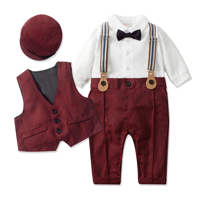Newborn Boy Formal Clothes Set Infant Boy Gentleman Birthday Romper Outfit With Hat Vest Long Sleeve Infant Jumpsuit Suit Formal