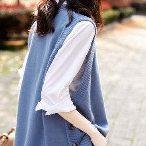 O-neck Sweater Vests Women Elegant Loose Sleeveless Knitted Sweaters Side-button All-match Stylish Popular Solid Cozy Ulzzang