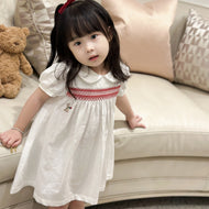 Pre-sale Sent in February Summer Girls Short Sleeve Dress Rabbit Pattern Letter Embroidery Handmade Pleated Dress