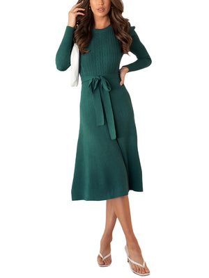 Pudcoco Women Long Sleeve Knit Midi Dress Solid Color Tie Belted Knitted Sweater Dress A-Line Midi Dresses - image 1 of 7