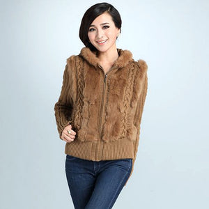 Real Fox Fur Collar Warm Spring Rabbit Fur Coat Female Real Fur Knitted Jacket Outwear Fashion Long Sleeve Hooed Coats Cardigans