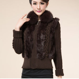 Real Fox Fur Collar Warm Spring Rabbit Fur Coat Female Real Fur Knitted Jacket Outwear Fashion Long Sleeve Hooed Coats Cardigans