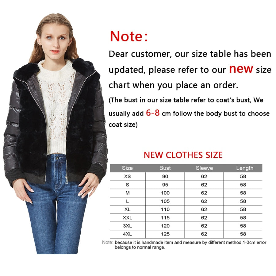 Real Rex Rabbit Fur Coat With Hood Down Coat Jacket Sleeves Fur Bomber Jacket Real Fur Jacket Hooded With Down Fur Coat Women