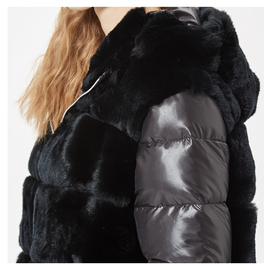 Real Rex Rabbit Fur Coat With Hood Down Coat Jacket Sleeves Fur Bomber Jacket Real Fur Jacket Hooded With Down Fur Coat Women