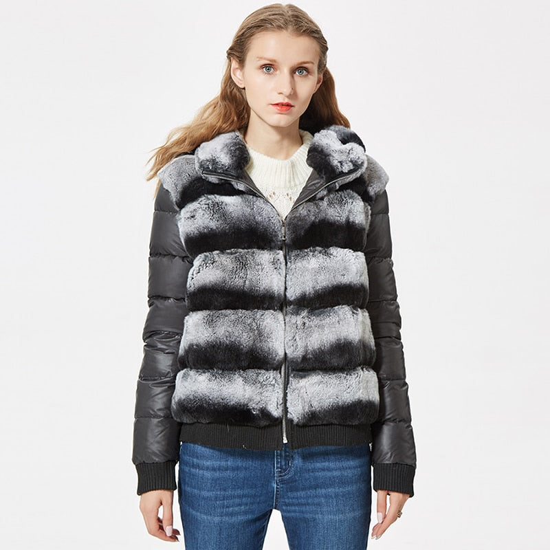 Real Rex Rabbit Fur Coat With Hood Down Coat Jacket Sleeves Fur Bomber Jacket Real Fur Jacket Hooded With Down Fur Coat Women