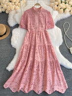 Summer Dress Fashion Temperament Elegant Sweet Lapel Hollow Embroidery Puff Sleeves Loose Long Bohemian Holiday Women's Dress