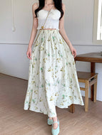 TIGENA 90cm Chiffon Maxi Skirt for Women 2023 Spring Summer Aesthetic Print Korean Elegant A Line High Waist Long Skirt Female