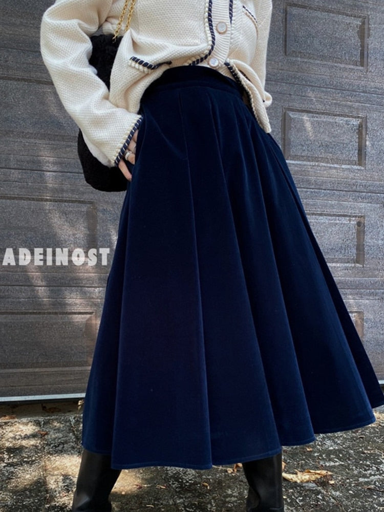 TIGENA Vintage Velvet Midi Long Skirt Women 2023 Spring Autumn Elegant All-match Solid A Line High Waist Mid-length Skirt Female
