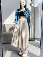 TIGENA Women Pleated Long Skirt 2023 Spring Vintage Elegant Casual Solid All-match A Line Elastic High Waist Maxi Skirt Female