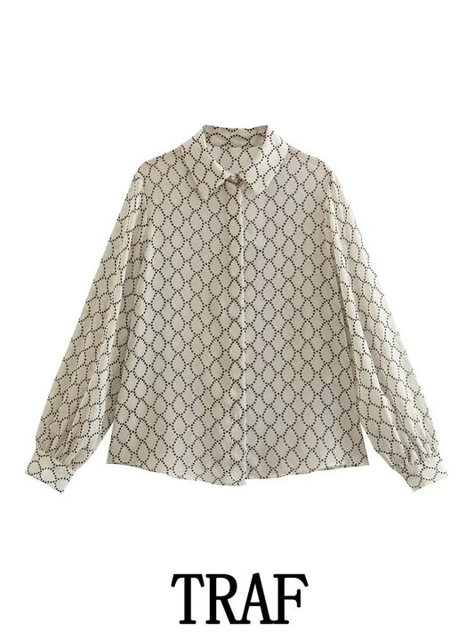 TRAF 2023 Women 2 Pieces Sets Geometric Printed Shirt Tops + Belt Small Pleated Long Skirt Spring Autumn Causal Elegant Sets