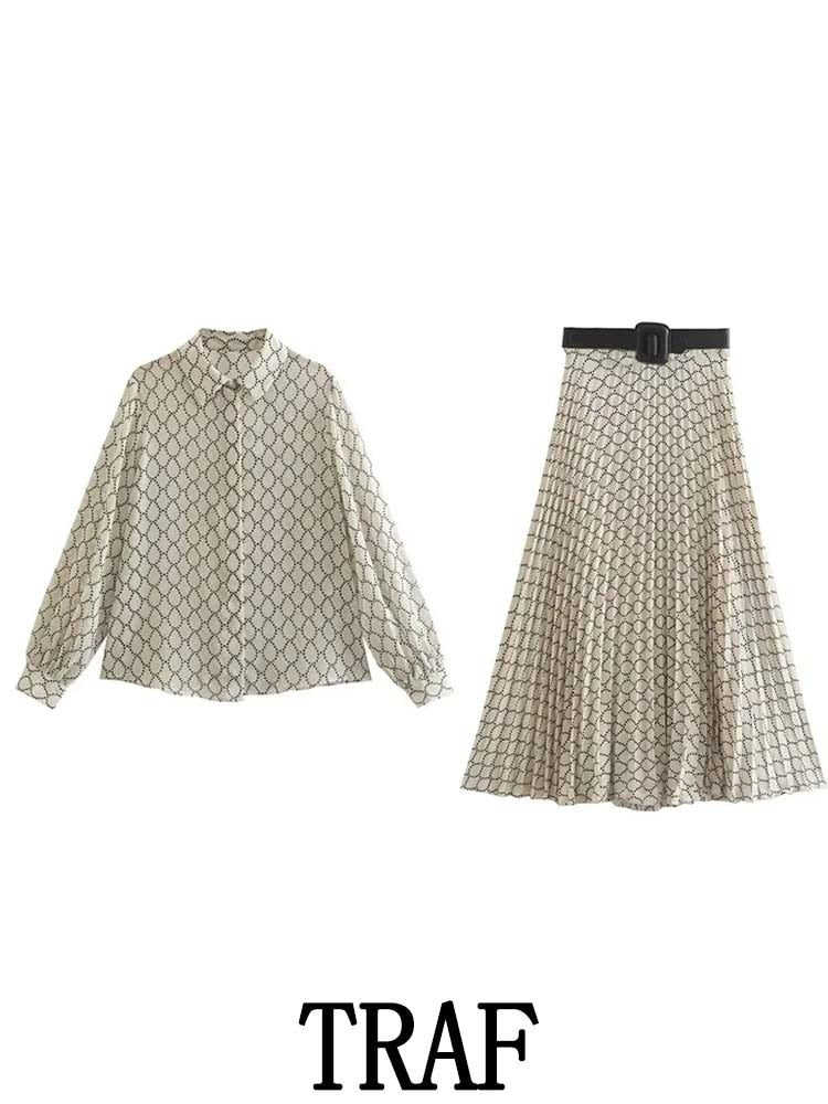 TRAF 2023 Women 2 Pieces Sets Geometric Printed Shirt Tops + Belt Small Pleated Long Skirt Spring Autumn Causal Elegant Sets