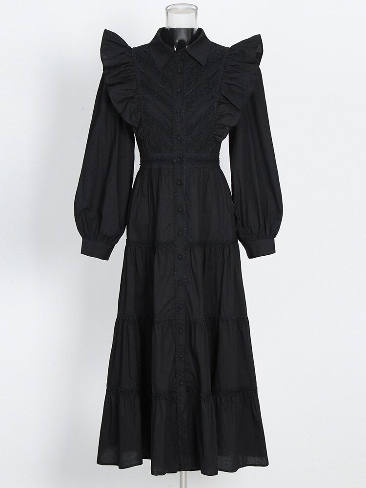 VGH Elegant White Dress For Women Lapel Long Sleeve High Waist Solid Ruched Minimalist Midi Dresses Female Summer Clothing 2022