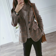 Vangull British Style Slim women Plaid Blazers Patch Elbow Patchwork Women Classic Suit Coat Formal Lady Single Breasted Outwear