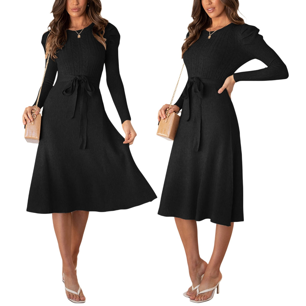 Women Puff Sleeve Maxi Long Dress A-Line Belted Midi Dresses Solid Color Tie Back Knitted Sweater Dress Night Wear - image 1 of 10