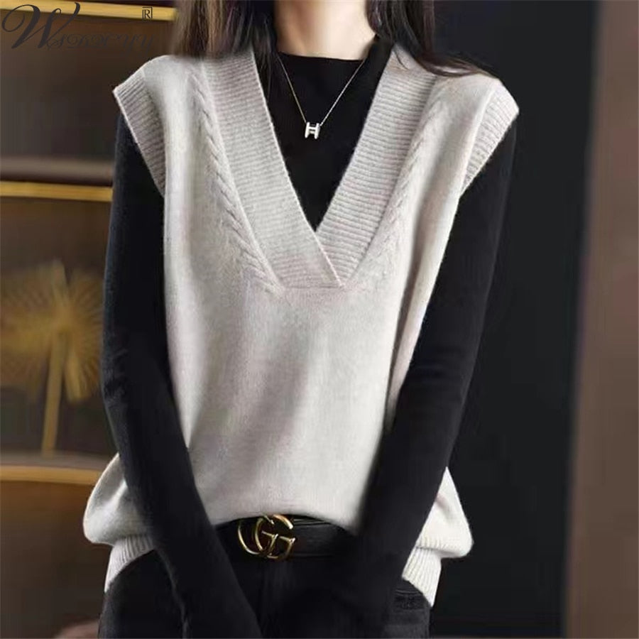 Women'S Knitted Vest Women Solid Casual Sweater Pullover Loose V-Neck Knitwear Top Harajuku Fashion Fall Winter Base Waistcoat