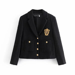 Women's Blazers Black Jackets Pockets Coats Cropped Long Sleeves Pocket Office Formal Ladies Outfit Embroidery Outwear