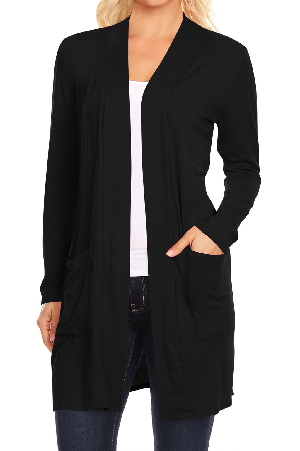 Women's Long Sleeves Loose Fit Open Front Side Pockets Solid Cardigan Made in USA - image 1 of 4
