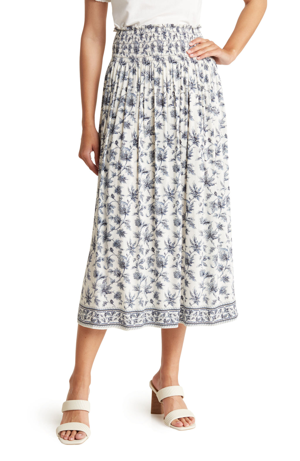 MAX STUDIO Printed Rayon Maxi Skirt, Main, color, ECRU/ DENIM CHINTZY RAMBLER