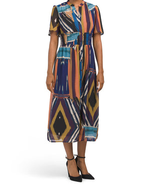 Short Sleeve Abstract Print Midi Dress