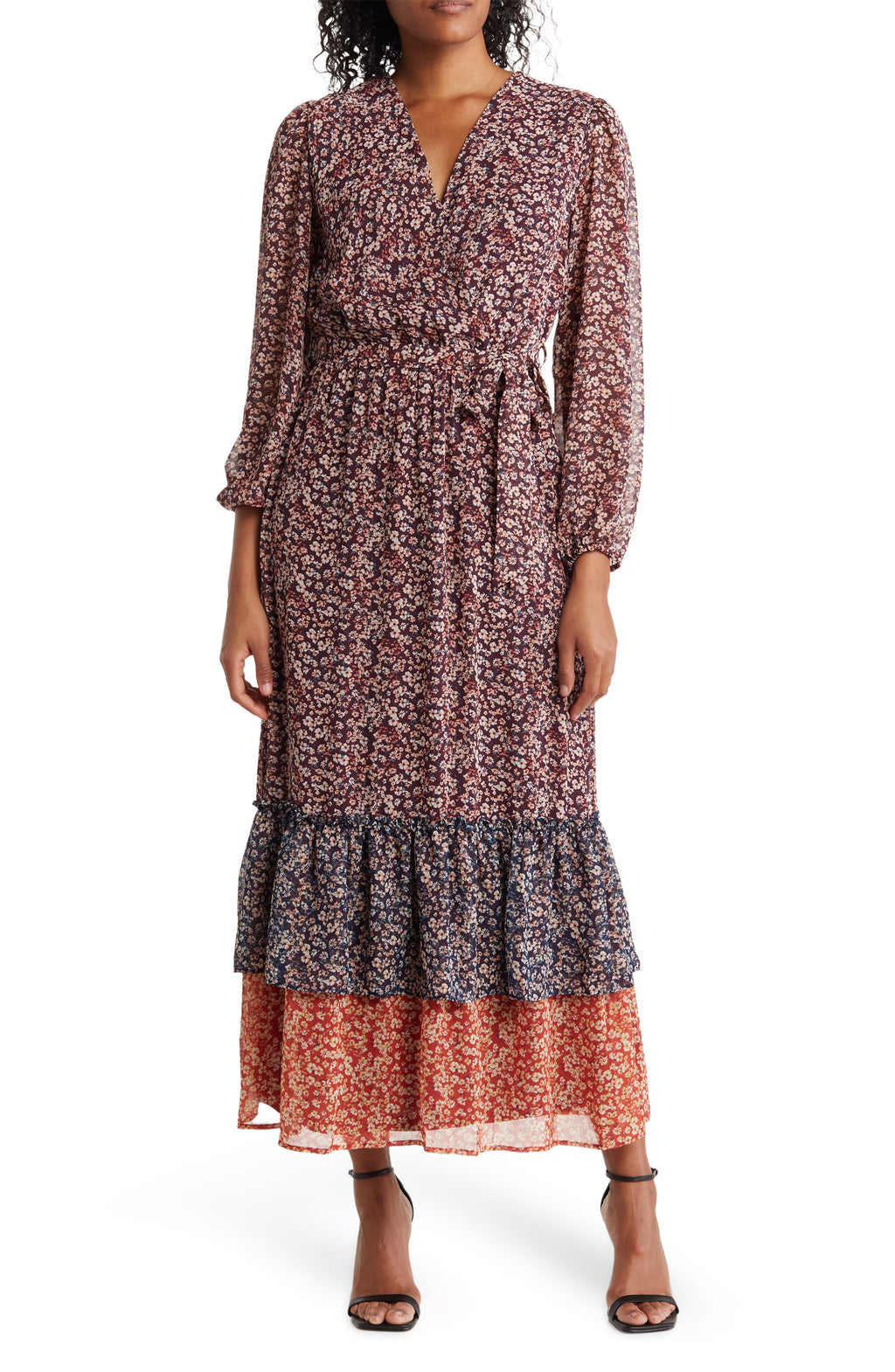 COLLECTIVE CONCEPTS Long Sleeve Ruffle Hem Dress, Main, color, BROWN FLORAL