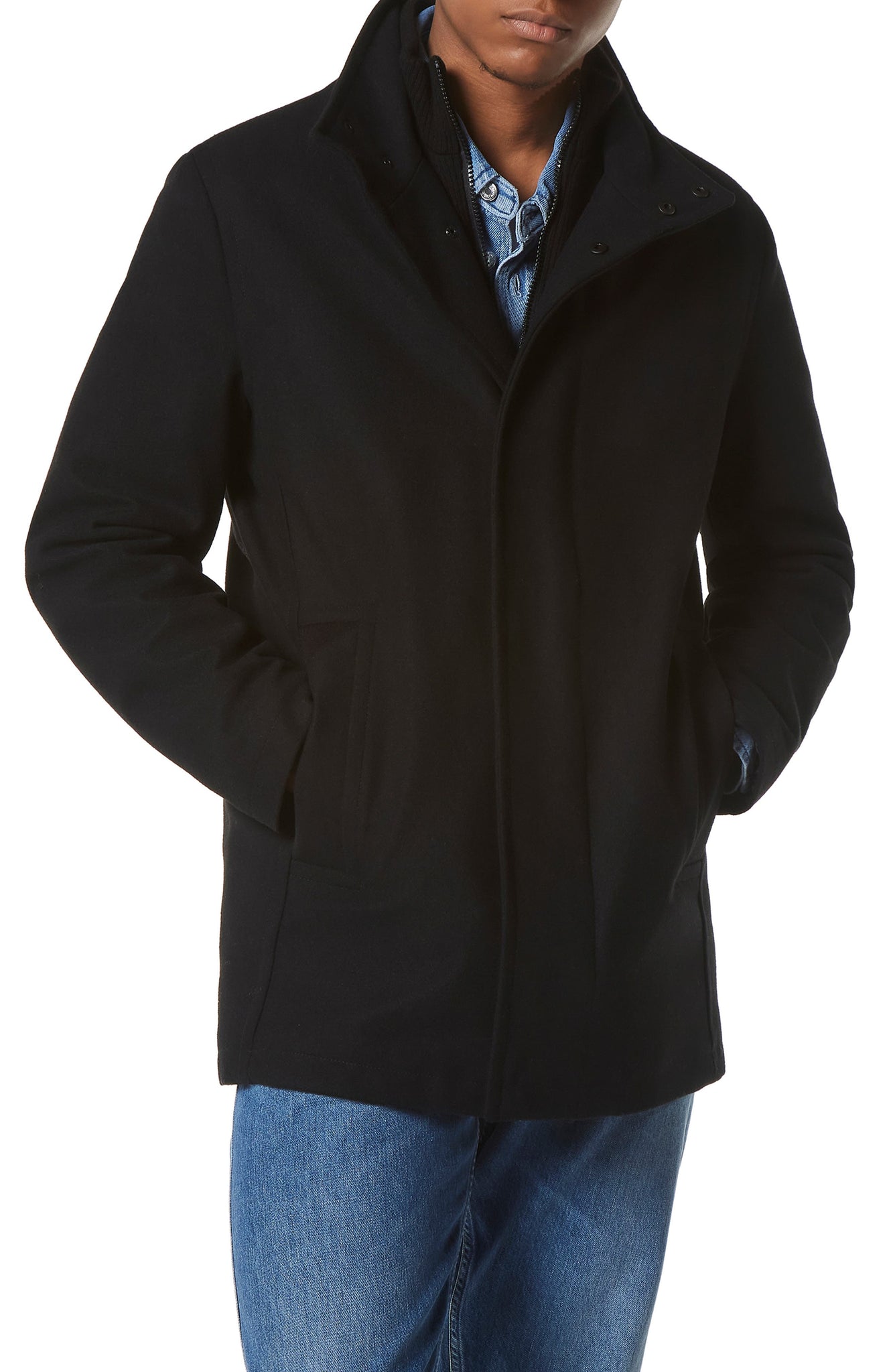 ANDREW MARC Coyle Wool Blend Bib Coat, Alternate, color, BLACK