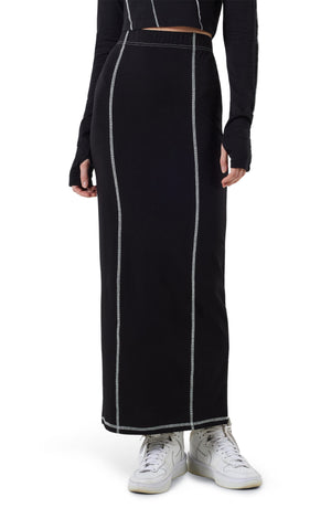 NOISY MAY Contrast Stitch Maxi Skirt, Main, color, BLACK/ WHITE STITCHES