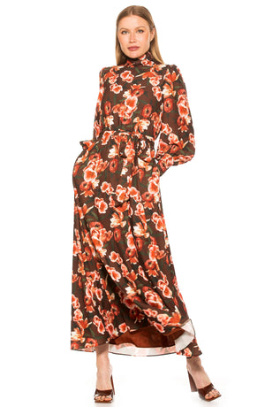 Alexia Admor Saliah Mockneck Blouson Sleeve Dress, Alternate, color, BROWN FLORAL