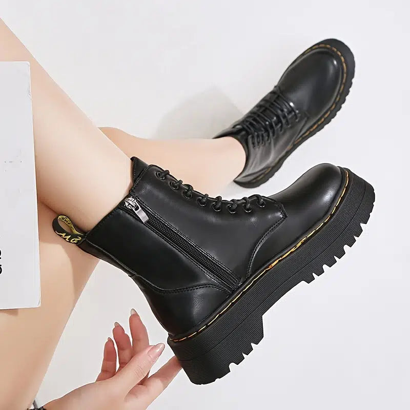 image 0 of Platform Black Short Combat Boots  Fashion Comfortable Zipper & Lace Up Boots  Women‘s Outdoor Footwear