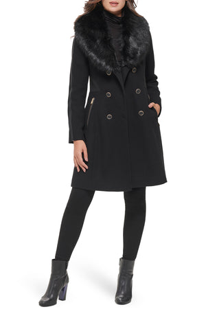 GUESS Faux Fur Shawl Collar Wool Blend Coat, Alternate, color, BLACK