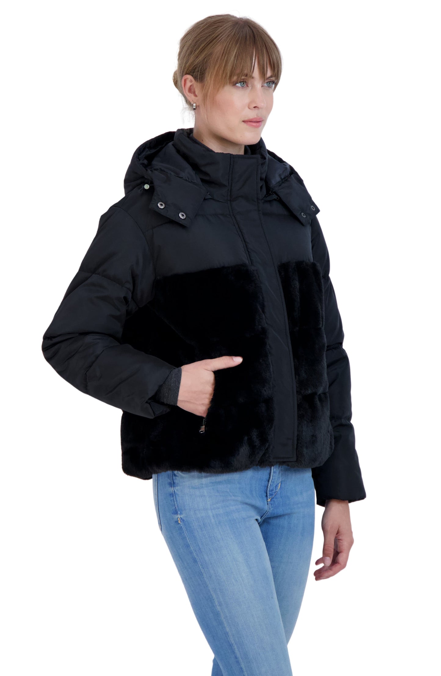 SEBBY Faux Fur Trimmed Hooded Puffer Jacket, Main, color, BLACK