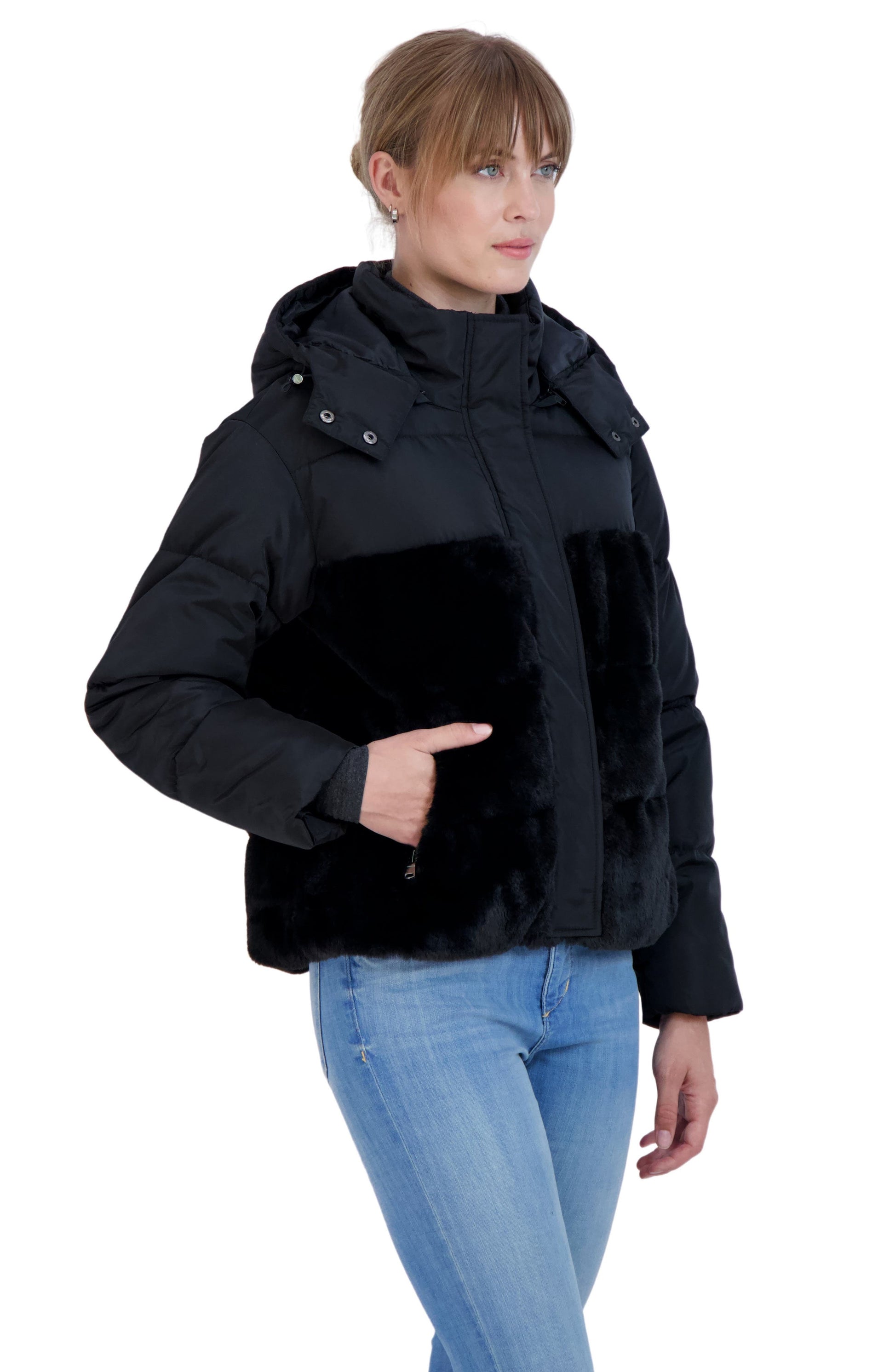 SEBBY Faux Fur Trimmed Hooded Puffer Jacket, Main, color, BLACK