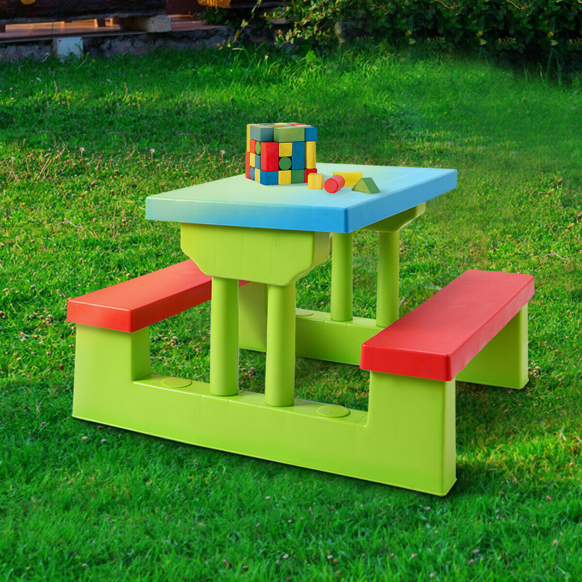 image 3 of Costway 4 Seat Kids Picnic Table w/Umbrella Garden Yard Folding Children Bench Outdoor