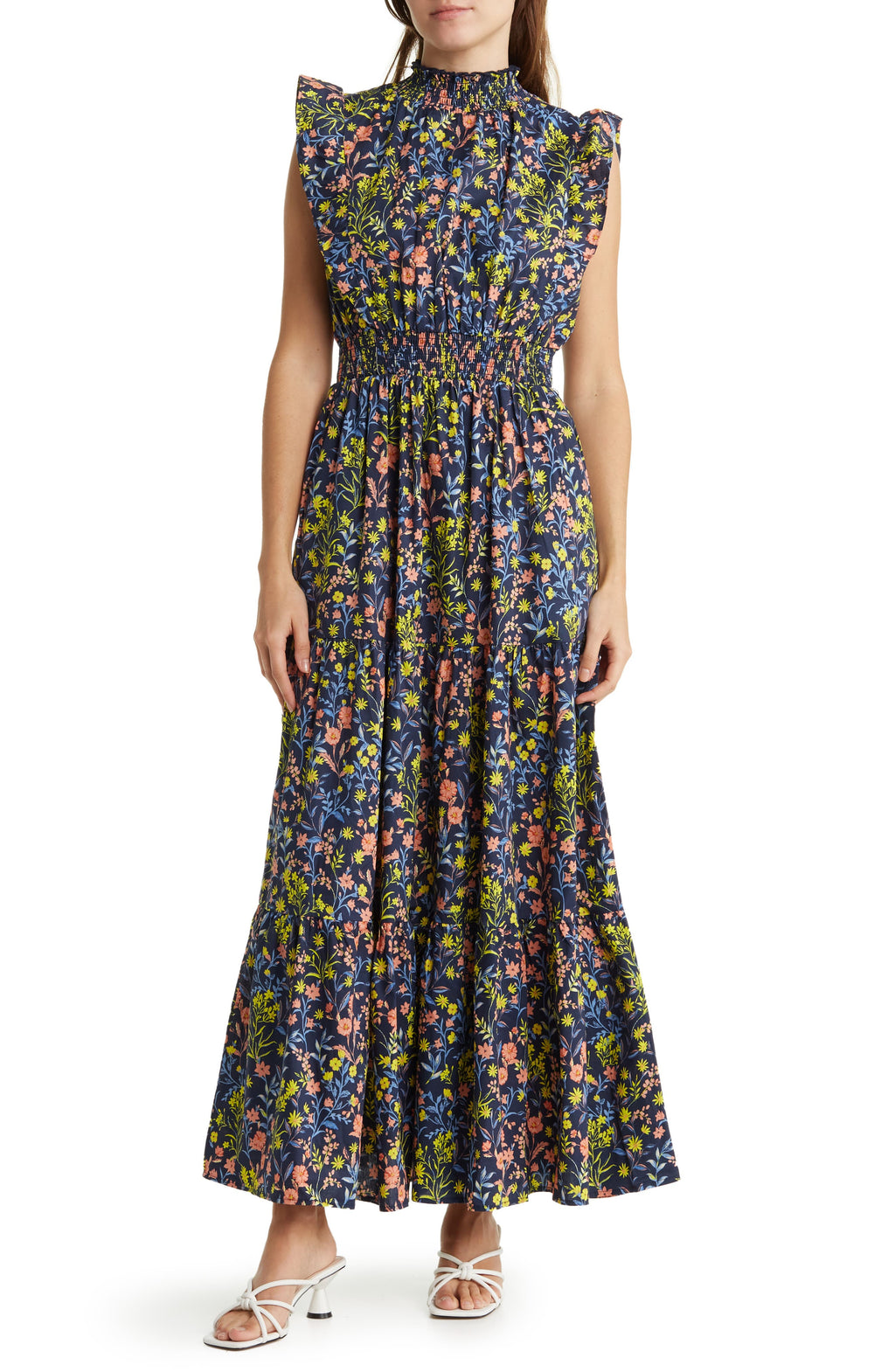 MELLODAY Mock Neck Tiered Maxi Dress, Main, color, MULTI FLORAL