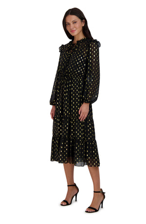 JULIA JORDAN Long Sleeve Drawstring Waist Dress, Alternate, color, BLACK/ GOLD