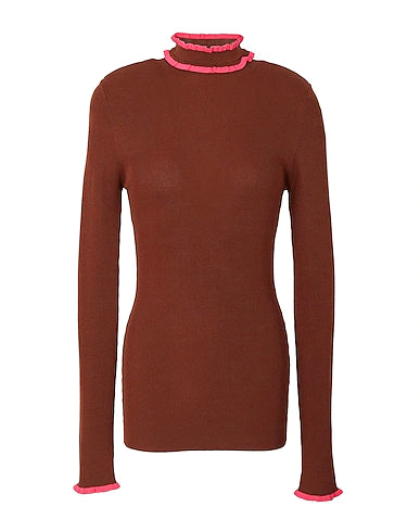 8 by YOOX Turtleneck RUFFLE-TRIMMED MOCK-NECK KNIT TOP Brown 65% Viscose, 35% Polyamide