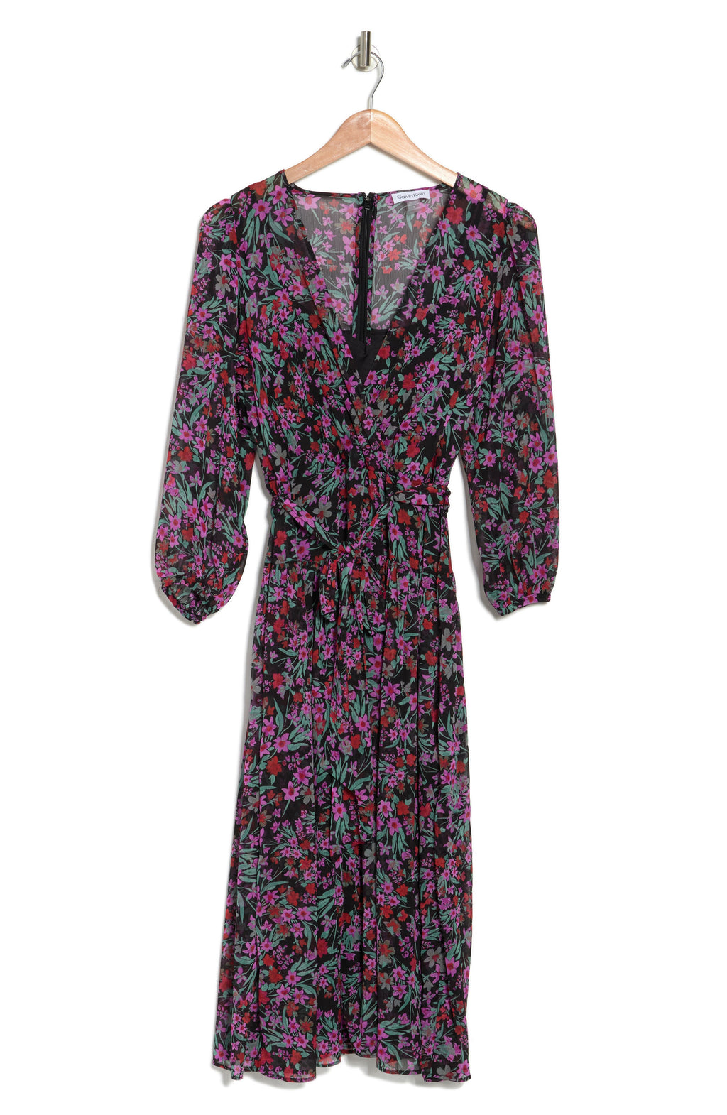 CALVIN KLEIN Ditsy Floral Print Tie Waist Dress, Alternate, color, BLACK MULTI