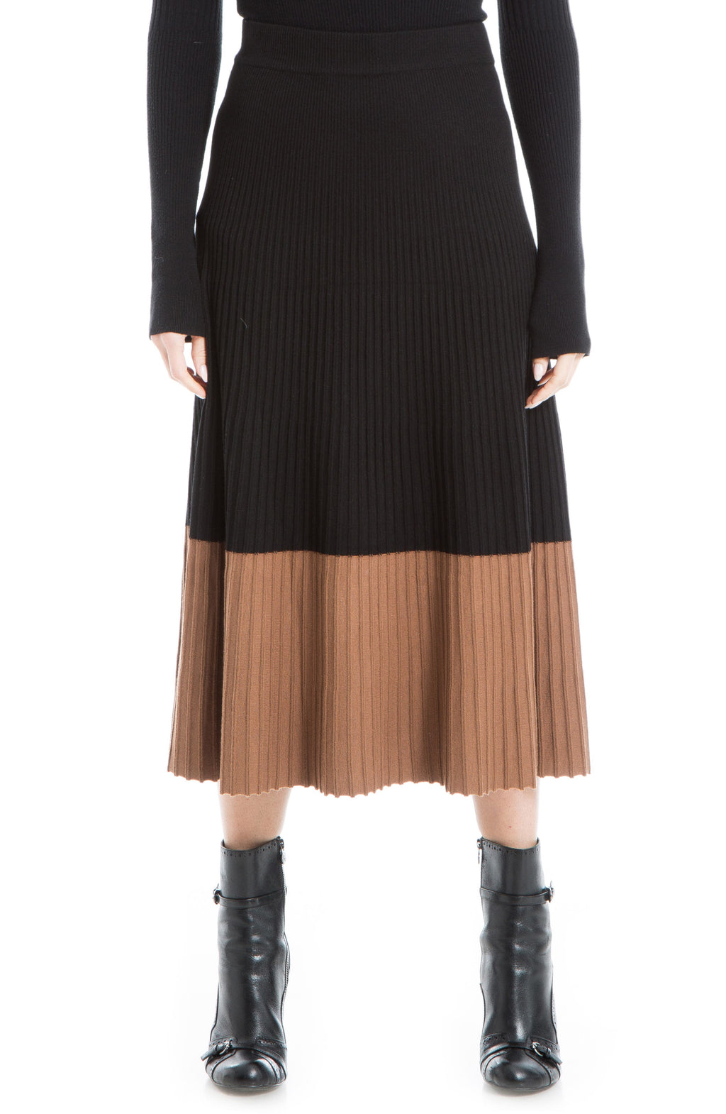 MAXSTUDIO Pleated Colorblock Knit Skirt, Main, color, BLACK/ VICUNA
