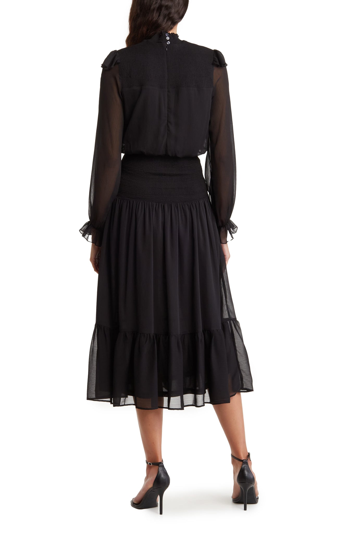 Area Stars Ruffle Long Sleeve Midi Dress, Alternate, color, BLACK