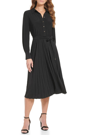 TOMMY HILFIGER Long Sleeve Pleated Shirtdress, Main, color, BLACK