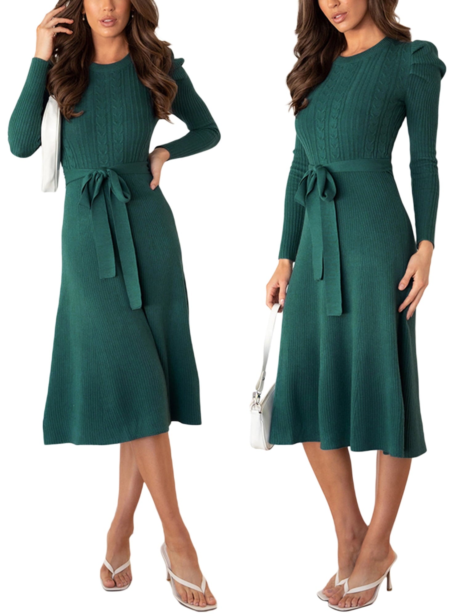 Pudcoco Women Long Sleeve Knit Midi Dress Solid Color Tie Belted Knitted Sweater Dress A-Line Midi Dresses - image 7 of 7